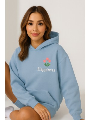 Bellanova Kadın Kapüşonlu Kanguru Cepli Oversize Sweatshirt Ön Happıness Çiçek Baskılı Rahat Günlük