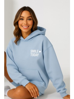 Bellanova Kadın Kapüşonlu Kanguru Cepli Oversize Sweatshirt Ön Smıle Today Yazılı Rahat Günlük Stil