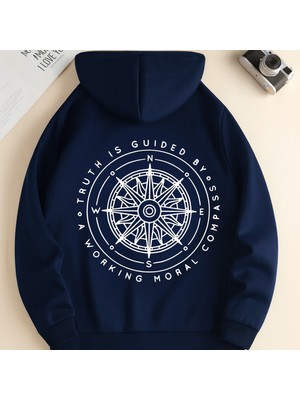 Bellanova Unisex Oversize Kapüşonlu Pusula Baskılı Moral Compass Tasarım Rahat Günlük Sweatshirt