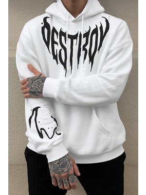 Bellanova "3 Iplik Oversize Kapüşonlu, Kanguru Cepli, Gotik ‘destroy’ Yazı Baskılı Sweatshirt"