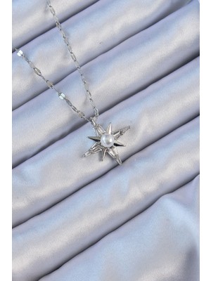 Clariss 316L Çelik Zincir Gümüş Renk Baget Taşlı Inci Detay Kutup Yıldızı Kolye