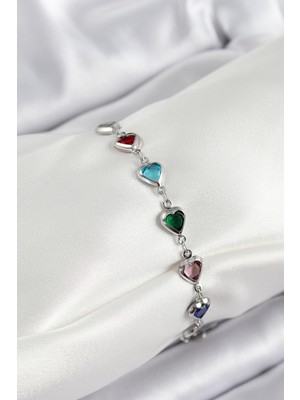 Zemira Home Pirinç Gümüş Renk Renk Kalp Zirkon Taşlı Kadın Bileklik