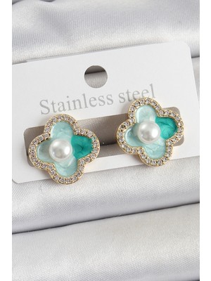 Clariss Pirinç Yeşil Mineli Inci Detaylı Zirkon Taşlı Sanatsal Portre Yonca Model Gold Renk Kadın Küpe