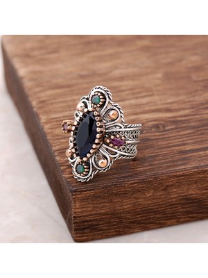 Sümer Telkari Safir Taşlı Telkari İşlemeli Gümüş Yüzük 2485
