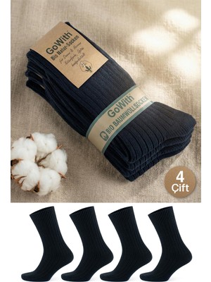Gowith 4 Çift Kadın Erkek Siyah Bio Naturel %100 Doğal Pamuklu Ribana Örgü Dikişsiz Dört Mevsim Soket Çorap 3012