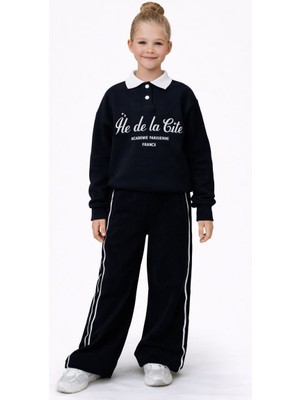 Rapapa Kız Çocuk 3 Iplik Şardonlu Sweatshirt ve Salaş Eşofman Alt Takım 5039 Lacivert