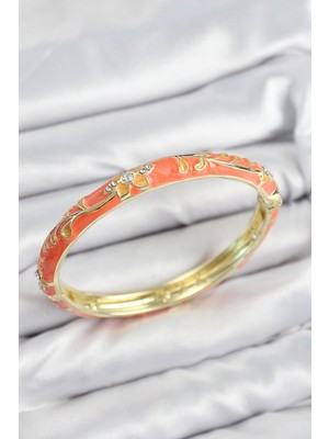 Zemira Home Mineli Pirinç Zirkon Taşlı Turuncu Çiçek Motifli Gold Kadın Kelepçe