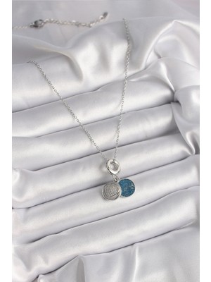 Clariss 316L Çelik Gümüş Renk Zincir Zirkon Taşlı Işleme Mavi Simli Kadın Kolye