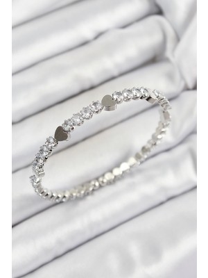 Clariss Pirinç Zirkon Taşlı Kalp Model Gümüş Renk Yaylı Kadın Bileklik