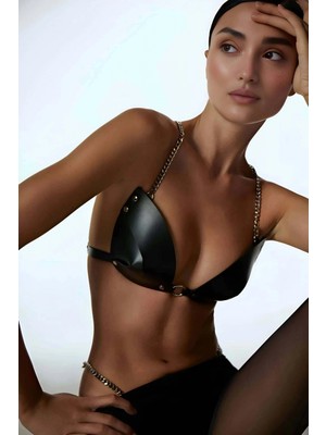 Fantazi Zincirli G-String Sütyen Külot Takımı Deri Harness - APFT1227