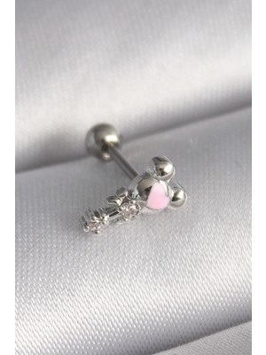 Pilelistore 316L Çelik Gümüş Renk Zirkon Taş Detay Pembe Kalp Işleme Tragus Piercing - TJ-PR1281
