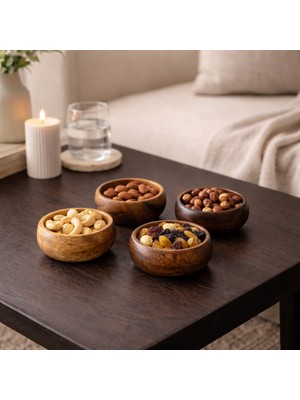 Durina Living 4’lü Akasya Ahşap El Yapımı Çerezlik Seti – Doğal Sunum Kasesi, Atıştırmalık & Kuru Yemiş Küçük Boy