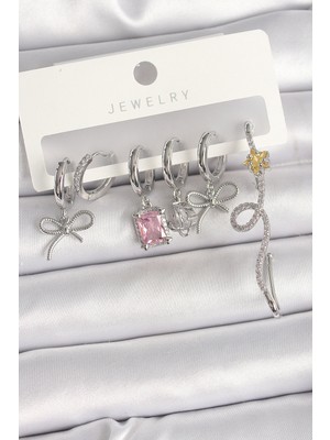 Clariss Pirinç Gümüş Renk Sallantı Kurdele Kuyruklu Yıldız Figür Pembe Kare Zirkon Taş Detay Kadın Küpe Seti