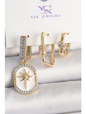Clariss Pirinç Gold Renk Sallantı Zirkon Taş Işlmeli Yıldız Portre Model 3'lü Kadın Kombin Küpe