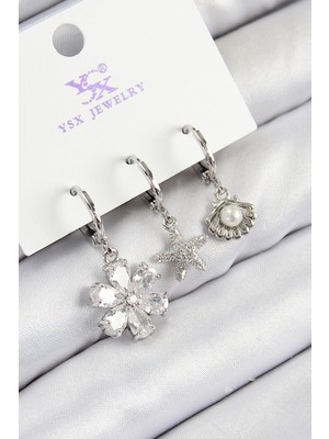 Clariss Pirinç Zirkon Taşlı 3'lü Çiçek ve Istiridye Model Gümüş Renk Kadın Küpe