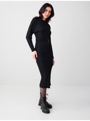 Jimmy Key Siyah Kemer Detaylı Bisiklet Yaka Yarasa Kol Midi Elbise