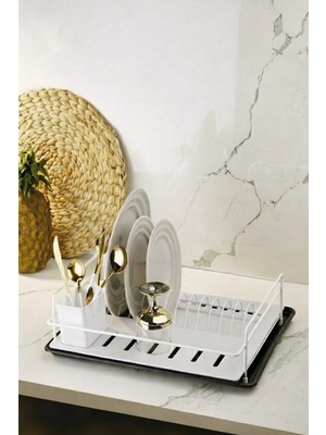 Sas Haus Ömür Boyu Paslanmaz Bulaşıklık Bulaşık Sepeti Tek Katlı Tabaklık Termo Plastik Kaplama Beyaz Tbk-01