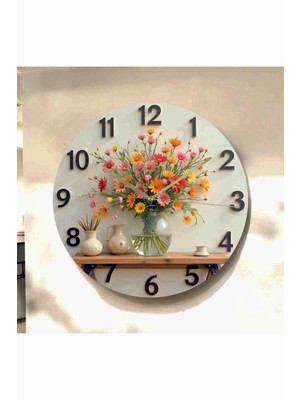 AA Shop Çiçek Bitki Renkli Baskı Desenli Sayılı Hediyelik Ahşap Sessiz Tablo Duvar Saati 667