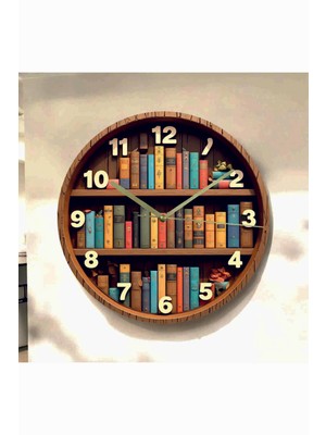 AA Shop Kitap Raf Kütüphane Renkli Baskı Desenli Sayılı Hediyelik Ahşap Sessiz Tablo Duvar Saati 636