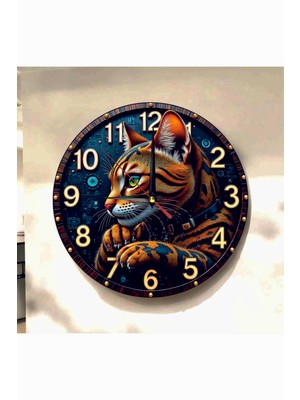 AA Shop Kedi Hayvan Renkli Baskı Desenli Sayılı Hediyelik Ahşap Sessiz Tablo Duvar Saati 605