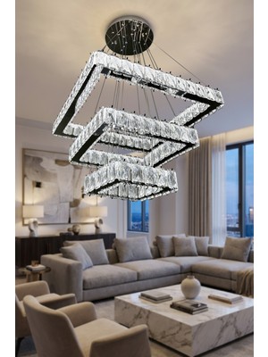G-Light Kare 3 Kat Kristal Taşlı Modern LED Avize – Salon & Oturma Odası – 3 Renk – Ayarlanabilir Kablo