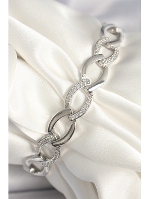 Zemira Home Pirinç Gümüş Renk Zirkon Taşlı Oval Zincir Model Kadın Bileklik