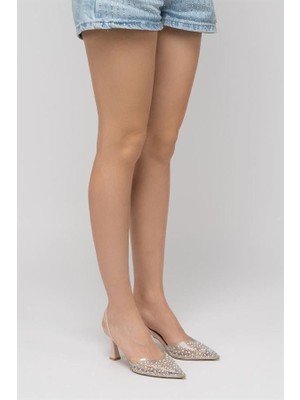 Sibel Gürel V-1005 Bej Günlük Arkası Açık Taşlı Topuklu Bayan Ayakkabı