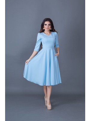 No48 Truvakar Kol V Yaka Cepli Dokuma Dökümlü Kumaş Kloş Midi Boy Elbise