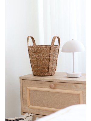 Greenvila Kulplu Doğal Hasır Saksı | El Örgüsü Dekoratif Hasır Sepet | Çap 22 cm