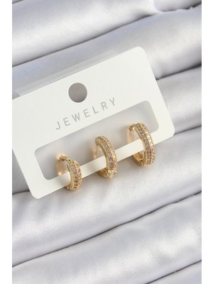 Clariss Pirinç Zirkon Taşlı Yıldız Model Gold Renk 3'lü Çift Kadın Küpe Set