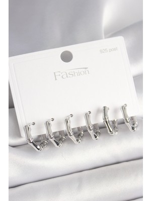 Clariss 925 Ayar Gümüş Çivi Pirinç Gümüş Renk Bambu Halka Model Kadın Küpe Seti