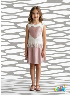 Püsküllü Penye Sıfır Kol Tişört Parlak Etekli Kız Çocuk Takım