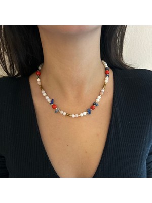 Suerte Accessories Kırmızı Mercan Sedef Sodalit ve Hematit Doğal Taş El Yapımı Özel Tasarım Kadın Doğaltaş Kolye