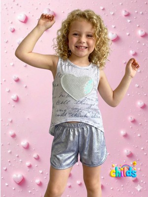 Alt Üst Yazlık Kız Çocuk Ikili Takım Kalpli Sıfır Kol Devore Penye Üst Parlak Kısa Penye Şort.