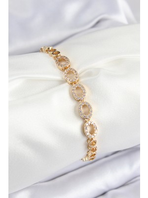 Zemira Home Pirinç Zirkon Taşlı Oval Model Gold Renk Kadın Bileklik