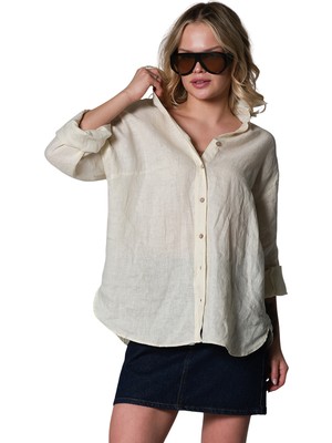 Domoda %100 Keten, Nefes Alan Terletmeyen Oval Rahat Kesim Uzun Kol Yazlık Kadın Gömlek @braga