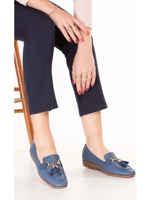 Gondol Hakiki Deri Esnek Rahat Taban Yumuşak Deri Rahat Loafer ALB.228 - Mavi - 38 Mavi