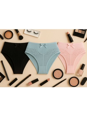 Mavi Qumsal Ön V Dantelli Arka Delikli Ribana Bikini 3'lü Set