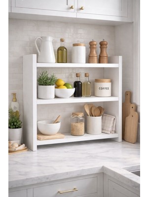 Mobdax Modern Mutfak Düzenleyici – 3 Katlı Ahşap Raf Ünitesi (Beyaz) Tezgah Üstü