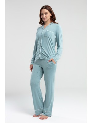 Derya Kurşun Uzun Kol Önden Düğmeli Kadın Pijama Takımı 8986