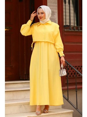 Tesettür Diyarı Lizza Kumaş Cepkenli Elbise- Sarı