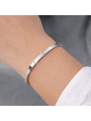 Yush Aksesuar Taş Detaylı Ince Çelik Kelepçe Bileklik