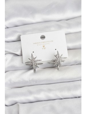 Zemira Home Gümüş Renk Pirinç Çift Taraflı Kutup Yıldızı Kadın Küpe