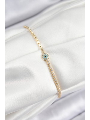 Zemira Home Pirinç Zirkon Taşlı Nazar Model Ezme Zincir Gold Renk Kadın Bileklik