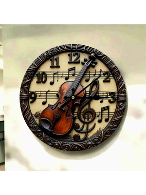 AA Shop Keman Müzik Renkli Baskı Desenli Sayılı Hediyelik Ahşap Sessiz Tablo Duvar Saati 730