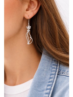 Herşey Nota Zarif Kedi Figürlü Gümüş Renk Sallantılı Günlük Kadın Küpe