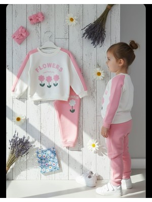 Kız Çocuk Çiçek Nakışlı Sweatshirt ve Eşofman Takım  Içi Şardonlu