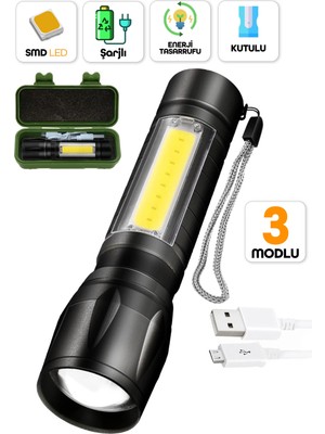 Telvesse 3 Mod Metal Şarjlı El Feneri Zoomlu Mini Boy Type-C Kutulu Cob LED Lamba Acil Durum Işığı 47701