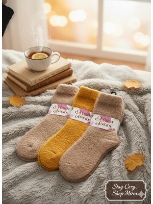 Neyşeligül Socks 3'lü Paket Yumuşacık Peluş Kadın Ev Çorabı - Sıcak Tutan Renkli Uyku Çorabı Seti