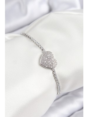 Zemira Home Pirinç Zirkon Taşlı Kalp Model Gümüş Renk Asansörlü Kadın Bileklik